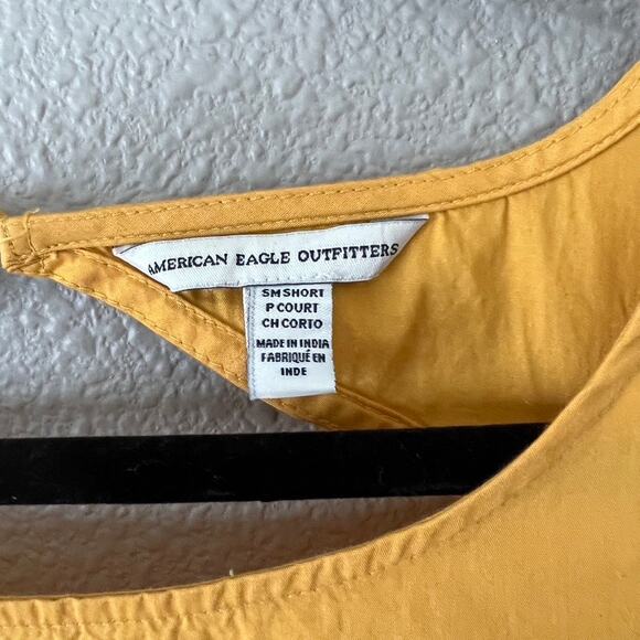 American Eagle Mustard Yellow Ruffle Sleeve Shorts Open Back Summer Romper Small - Picture 7 of 8